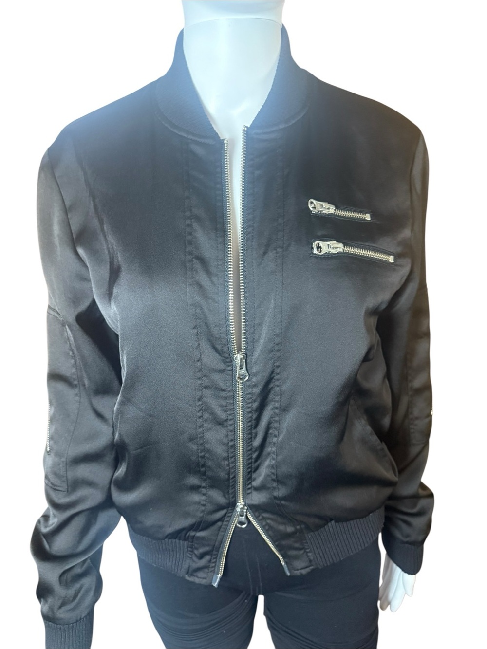 Nasty Gal Black Satin Zipper Bomber Jacket Moto Size Small